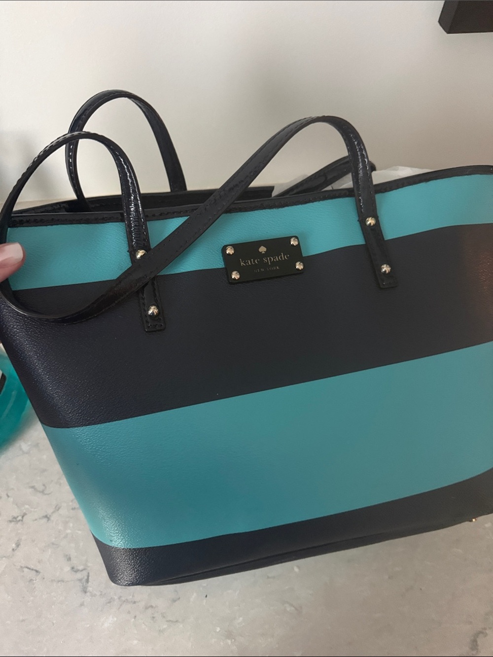 kate spade Black and Teal Striped Leather Tote Bag
